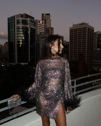 Variant image for Luna | Robe de Soirée Mini à Plumes Élégante-1